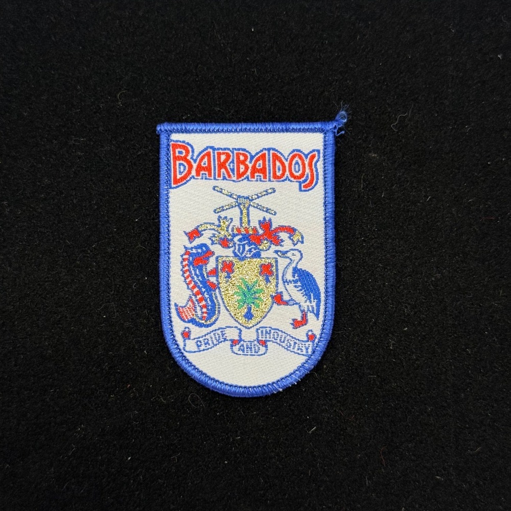 Vintage Barbados Coat of Arms Souvenir Patch Pride and Industry Blue White 2.75"